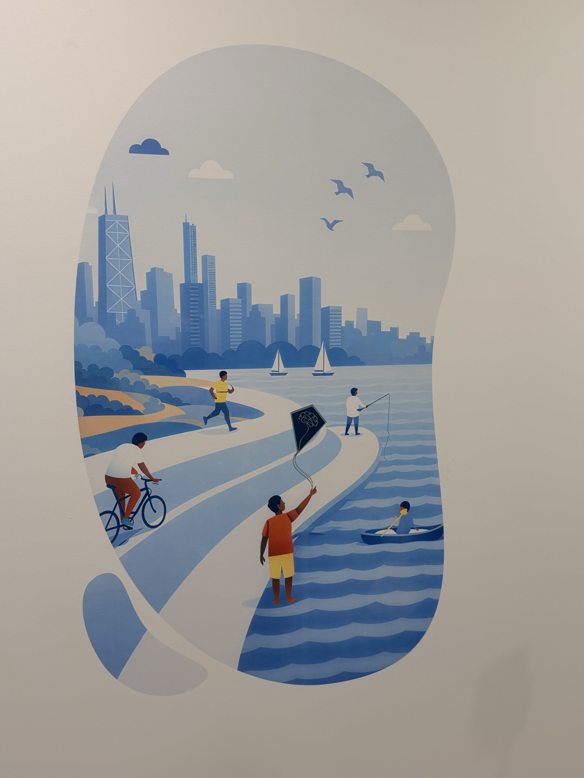 Blue Chicago lakefront illustration printed directly on a light interior wall