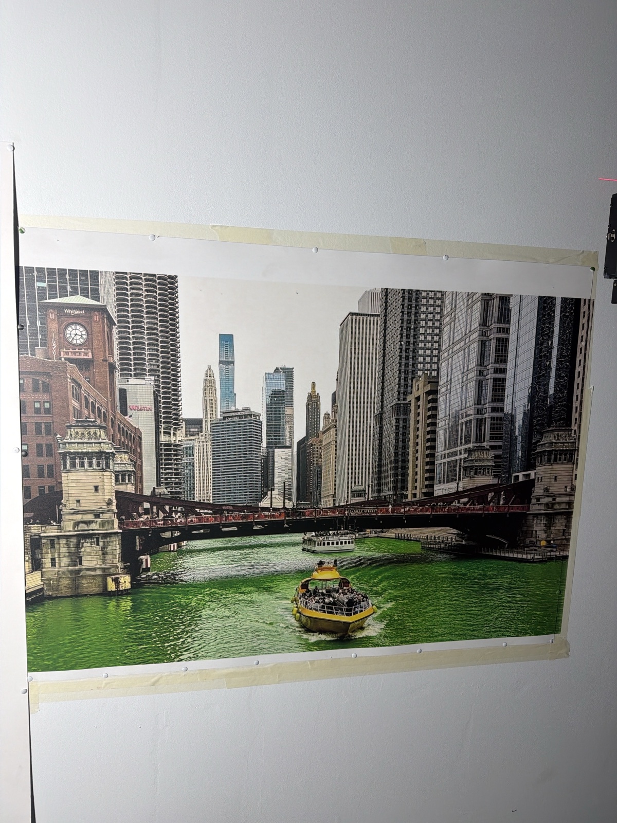 Chicago River cityscape photograph printed directly on a white wall